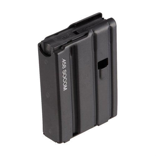 .458 SOCOM magazines by D&H Industries offer reliable performance for AR-15 rifles, featuring a durable aluminum construction and sleek black finish, available in 4 or 10 rounds.