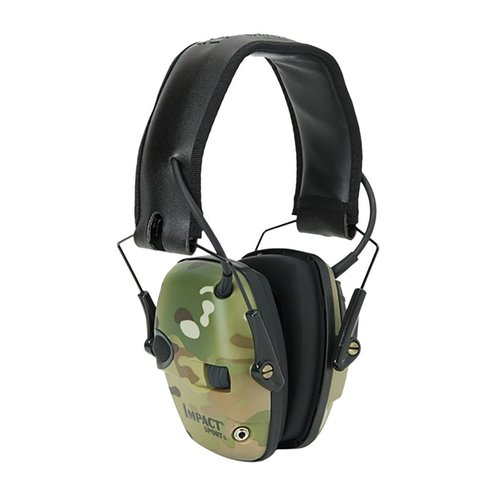 Howard Leight Impact Sport Electronic Earmuffs provide hearing protection, amplify safe sounds, and feature AUX input, ideal for shooting and communication.