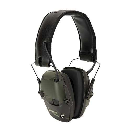 Howard Leight Impact Sport Electronic Earmuffs provide hearing protection while amplifying conversations, with fast response electronics and AUX input for audio.