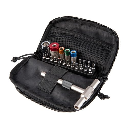 Ultimate range bag kit with 15, 25, 45, 65 Inch Lbs torque limiters, T-Way T-Handle Wrench, 16 bits, and adapter set for precise firearm maintenance.