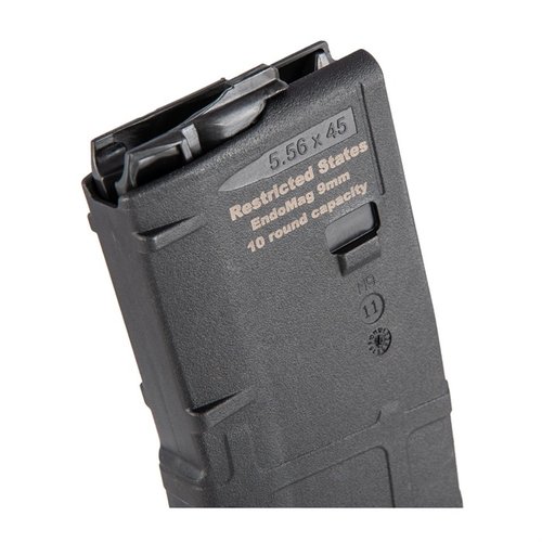 AR-9 Endomags offer a compliant 10-round capacity for AR-15 magazine wells, compatible with Glock/Colt bolts and all standard 9mm ammo.
