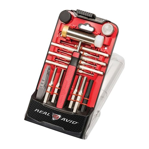 Sada ACCU PUNCH SET od REAL AVID nabízí ergonomický kladivo a hex-handle punches pro precizní ovládání, s nástrojem pro snadné zarovnání malých pinů.