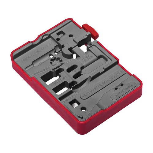 Real Avid AR-15 Master Bench Block offers 8 orientations for secure assembly, holds 5 components, features no-slip coating, and has a strong magnet for lost pins.