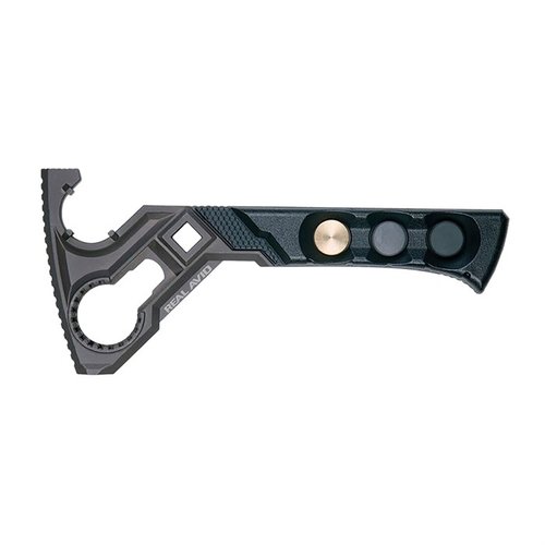 Real Avid Armorer's Master Wrench offers versatile engagement surfaces, ergonomic grip, and an integrated hammer with interchangeable heads for AR-15 assembly and maintenance.
