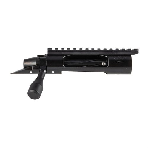 Origin Short Action Receiver offers a robust design with interchangeable bolt heads, fits Remington 700 stocks, and includes a 20 MOA picatinny rail for versatile builds.