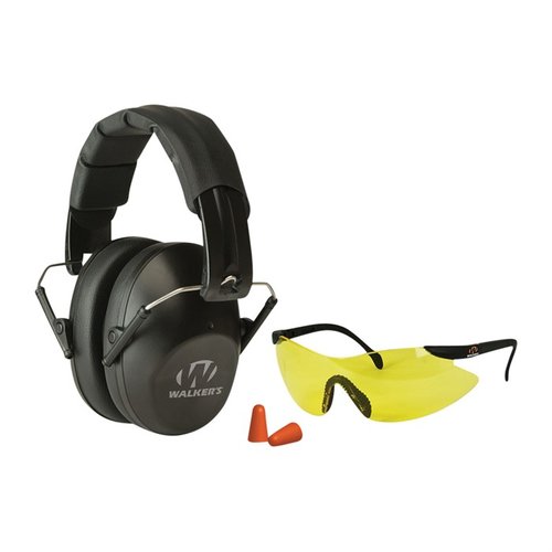 Chraňte své uši a oči s Walkers Pro Low-Profile Folding Earmuff & Shooting Glasses Kit, který zahrnuje pohodlné sluchátka a ochranné brýle s NRR 22 dB.