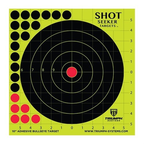 Triumph Systems SHOT SEEKER 10" adhesive bullseye targets feature bright yellow impact halos, 1-inch grids for easy sighting, and 22 reactive pasties for extended use.