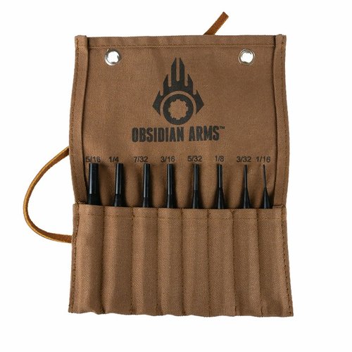 Obsidian Arms 8-Piece Punch Set offers essential tools for gunsmithing in a portable canvas pouch, featuring durable 4140 alloy steel for long-lasting use.