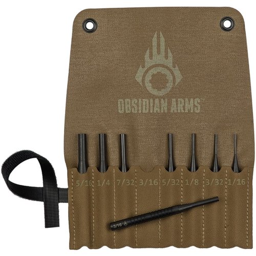 Obsidian Arms 8-Piece Punch Set offers essential tools for gunsmithing in a portable canvas pouch, featuring durable 4140 alloy steel for long-lasting use.