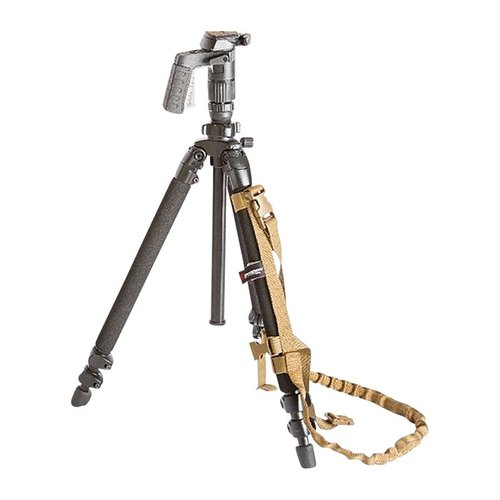 Armageddon Gear Tripod Sling allows quick access to your tripod, features cushioned flat-bungee webbing for comfort, and secures to various tripod leg types.