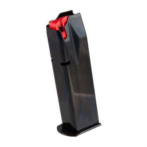 Quality SIG P226 15RD magazine by Meccanica del Sarca, featuring a smooth blued finish, polymer follower, and witness holes for quick cartridge assessment.