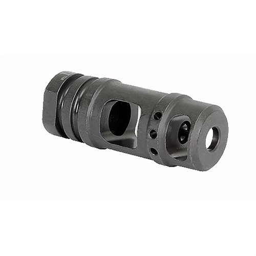 AR-15 Two-Chamber Muzzle Brake reduces muzzle climb, crafted from durable tool steel, 1/2-28 threads, includes crush washer, lifetime warranty, made in the USA.