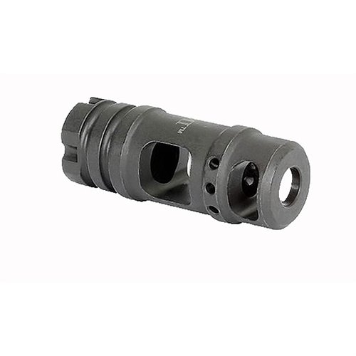 AK-47 Muzzle Brake reduces recoil and muzzle climb with its large two-port design, made from durable tool steel, featuring M14x1.0 LH threads and a lifetime warranty.