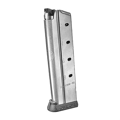 9-round 10mm magazine for Government Full Size pistols, featuring a stainless steel finish, hybrid follower, and removable basepad for enhanced performance.