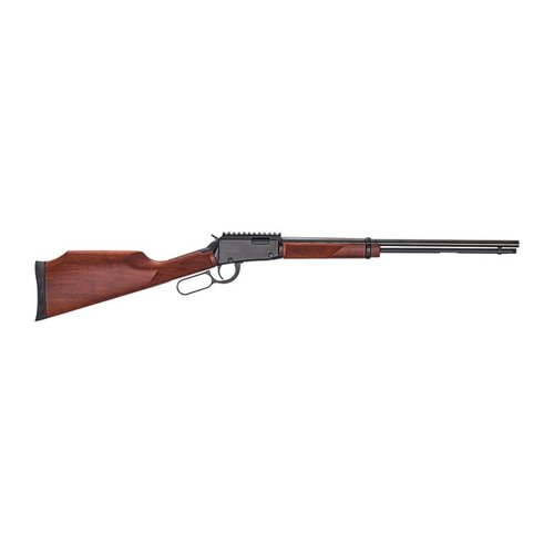 Henry's LEVER EXPRESS 22 MAG combines Western styling with a powerful .22 Magnum, featuring a checkered walnut stock, grooved receiver, and 19