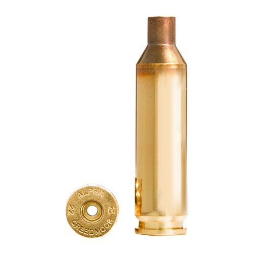 Alpha Munitions 22 Creedmoor Brass features optimized case head technology for durability, available in Large or Small Rifle pockets, and ships in protective cases.