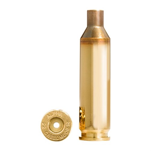 Alpha Munitions 22 Creedmoor Brass features optimized case head technology for enhanced durability and performance, available in large or small rifle pockets.