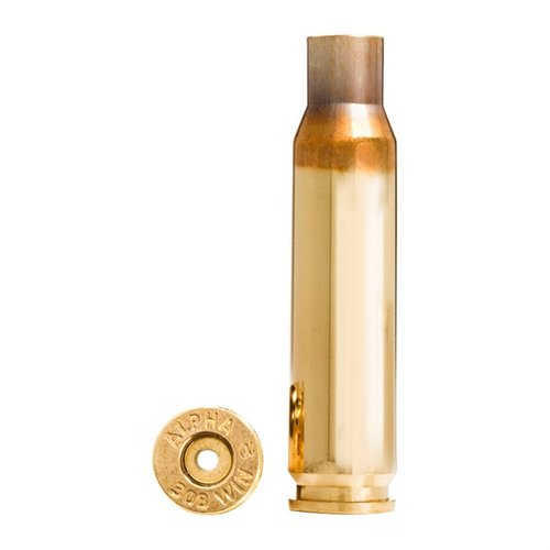 Alpha Munitions 308 Winchester brass features OCD optimized case head technology for enhanced durability, available in Large or Small Rifle pockets, 100 per box.
