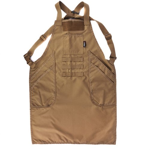 Armageddon Gear Gunsmith Apron offers durability with mil-spec 1000D Cordura Nylon, adjustable straps, multiple pockets, and PALS webbing for added utility.