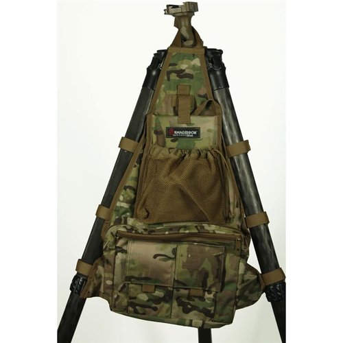 Armageddon Gear's Tripod Caddy offers easy transport for shooting essentials, with storage for Kestrel, data boards, and a fold-down workspace, all in Multicam.
