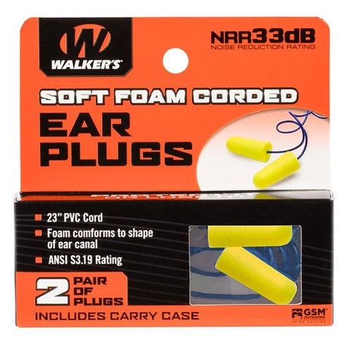 Walkers Corded Foam Ear Plugs offer 32 dB sound reduction, stay securely in place, and are tethered to prevent loss, perfect for shooters.