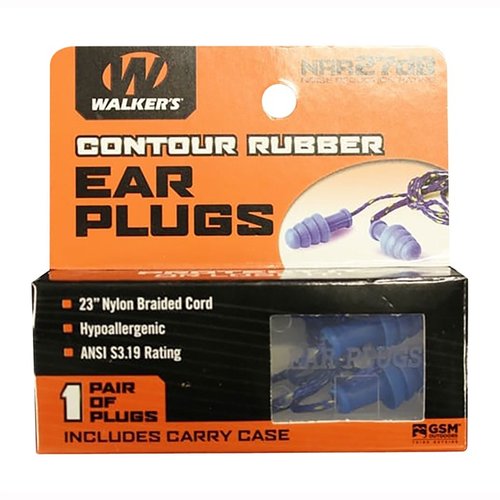 Get optimal hearing protection with Walkers Game Ear corded rubber ear plugs, featuring a hypoallergenic design, durable nylon cord, and a convenient carrying case.