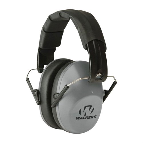 Walkers Pro Low-Profile Folding Muffs offer 22 dB noise reduction, lightweight design, compact storage, and comfortable PVC padding for all-day wear.