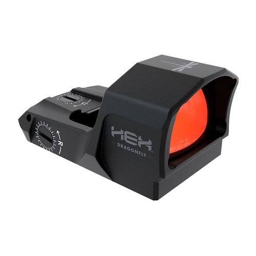 HEX Dragonfly reflex sight offers 3.5 MOA dot, manual brightness control, 100,000-hour battery life, and durable construction for fast target acquisition.