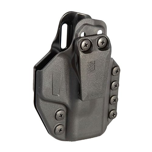 Stache™ IWB holster offers unmatched comfort and modularity for concealed carry, made from durable injection molded polymer, compatible with various accessories.