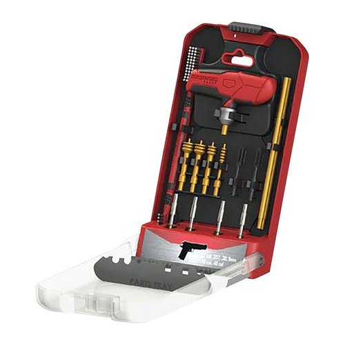Discover the 16-piece Birchwood Casey Handgun Cleaning Kit, featuring a custom handle with locking chuck and an innovative case for secure tool storage.
