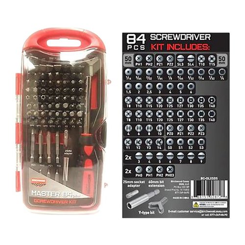 This 84PC MASTER SCREWDRIVER SET features a comprehensive range of bits including Slotted, Philips, Torx, and more, perfect for all your gunsmithing needs.
