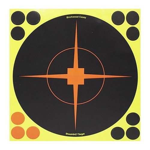 SHOOT-N-C® 12" Bullseye Targets highlight hits with bright fluorescent colors, feature self-adhesive backing, and include repair pasters for easy visibility.