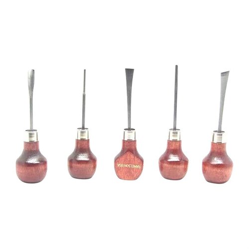 UJ Ramelson's 5 Piece Basic Palm Woodcarving Set features high-quality W-1 Tool Steel blades, hardwood handles, and is ready to carve for your woodworking projects.