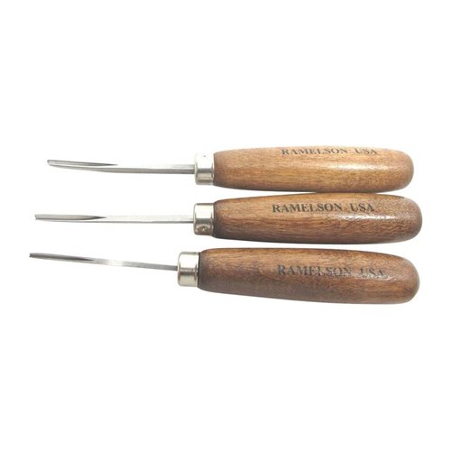 Set of 3 bent V-60 degree veiner tools for precise line restoration, featuring durable hardwood handles and Rockwell hardness 60-62, made in the USA.