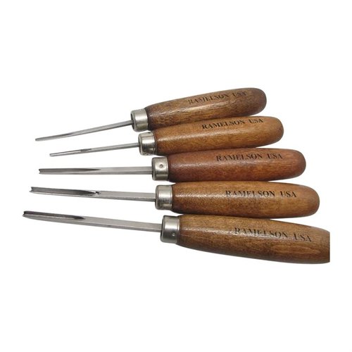 5pc GUNSTOCK V & U CARVING SET by U.J. RAMELSON offers precision tools for checkering and restoration, featuring various sizes for versatile woodcarving.