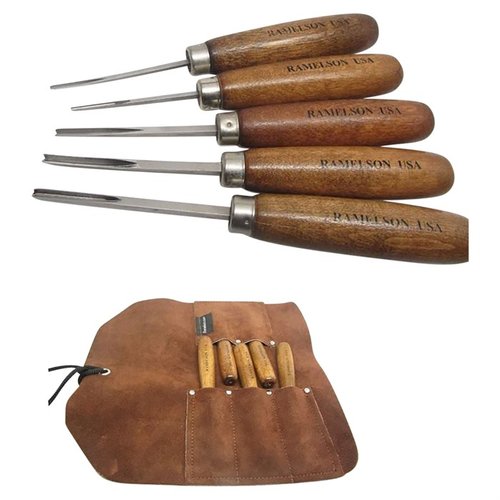 Set of 5pc V & U chisels for precise gunstock checkering and restoration, featuring various sizes for detailed woodcarving. Perfect for gunsmiths!
