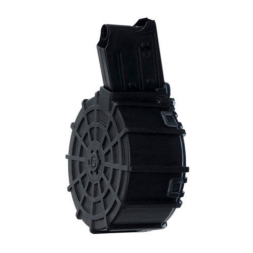 MKA 1919 12G 20-round drum magazine features a hybrid design with a heat-treated carbon steel upper and polymer housing, ensuring durability and reliability.