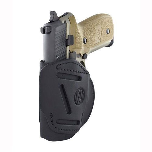 4-Way Holster offers versatile carry options (vertical, horizontal, cross-draw, IWB) and fits various models, crafted from durable American Steerhide.