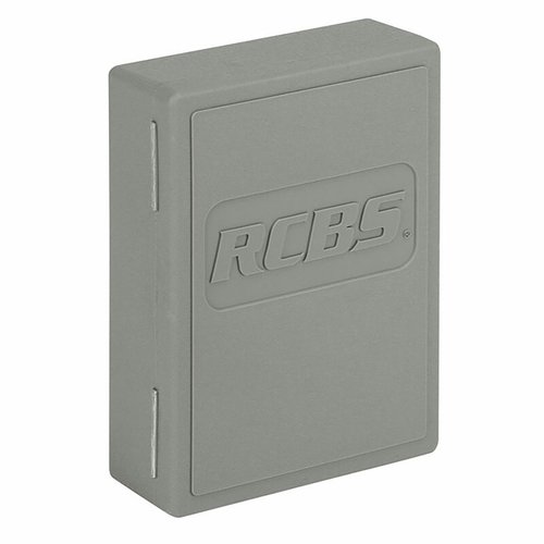 RCBS Gray Die Storage Box securely holds up to three dies, preventing damage, and includes a loading data label, rust preventative disk, and black identification label.