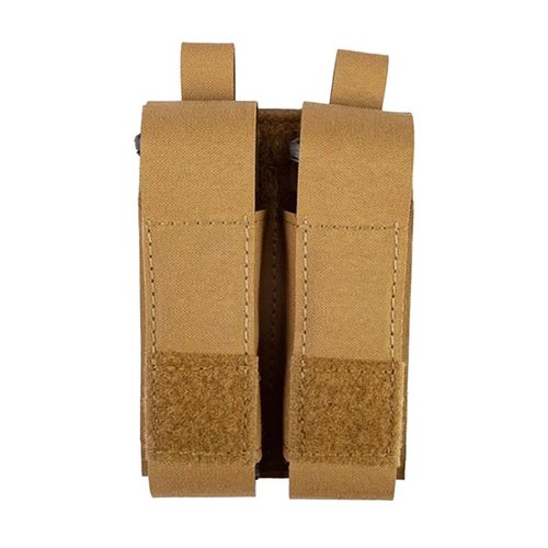 Securely holds two pistol magazines with strong magnets, durable laminate nylon, and attaches to MOLLE/PALS webbing for reliable storage in any situation.