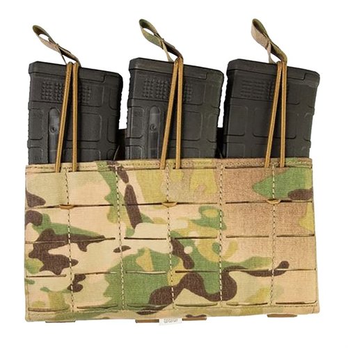Compact Triple Magazine Panel holds 90 rounds, features silent bungee access, stacks with modular pouches, and connects to MOLLE/PALS webbing.
