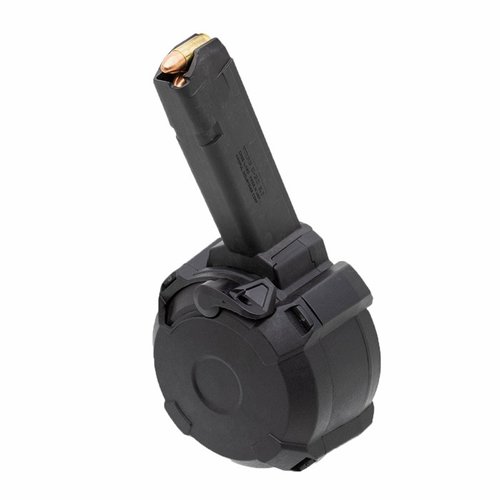 Magpul's D-50 GL9 is a 50-round drum magazine for Glock handguns, featuring a ratcheting loading mechanism, rear round-count window, and bolt hold-open device.