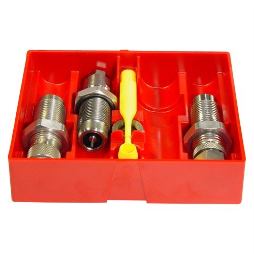 Set includes Carbide Full Length Sizing Die, Bullet Seating Die, and Powder Thru Expanding Die, all requiring no sizing lube for easy reloading of 454 Casull.