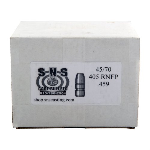 SNS Cast Bullets 45/70 Caliber 405gr RNFP offers consistent quality with a certified alloy, Magma blue lube, and optimal performance below 1250 FPS for reliable shooting.