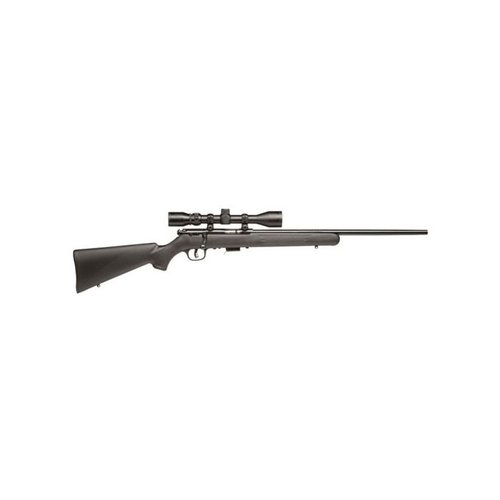 Savage 93R17 FXP features AccuTrigger for enhanced accuracy, a 22" blued barrel, synthetic stock, and includes a mounted 3-9x40 scope for small game hunting.