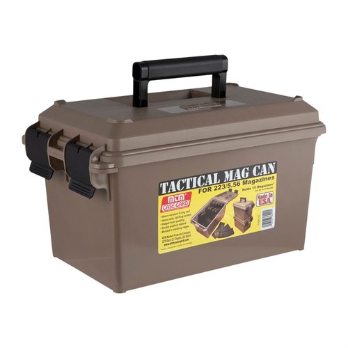 MTM Case-Gard Tactical Mag Can securely holds 15 AR15 30-Round mags with stackable design, precut foam padding, and triple padlock tabs for safety.
