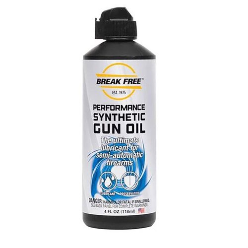 Break Free Performance Synthetic Gun Oil ensures smooth operation under sustained fire, prevents rust, and is safe for all gun metals, ideal for law enforcement and shooters.