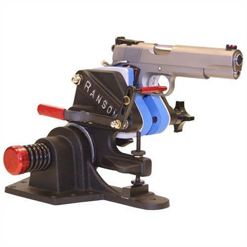 MACHINE REST from RANSOM ensures ultimate handgun accuracy by eliminating human error, featuring adjustable elevation and interchangeable grip inserts for versatility.