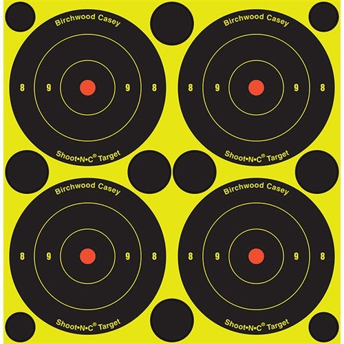 SHOOT-N-C® targets feature self-adhesive backs, instantly highlight hits with bright fluorescent colors, and include various bullseye sizes for precise shooting.