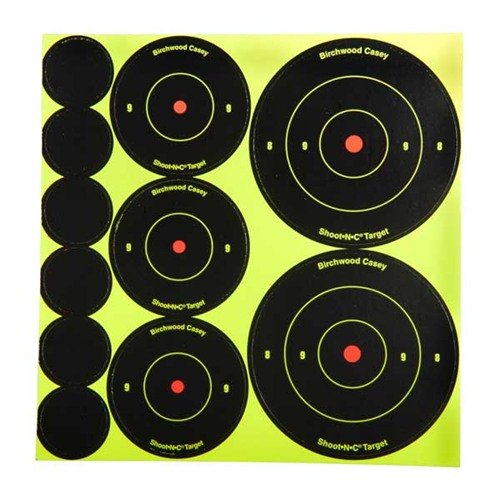 SHOOT-N-C® TARGETS feature bright halos for instant visibility, self-adhesive backing, and various bullseye sizes, ideal for precise shooting without scopes.